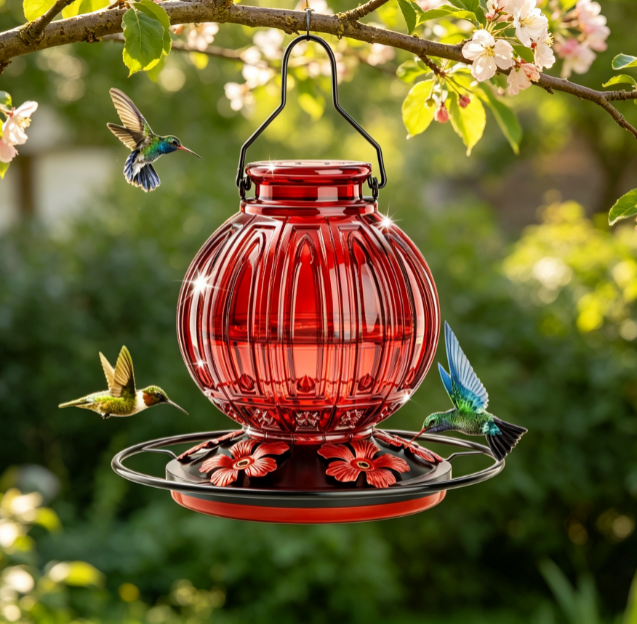 Glass Hummingbird Feeder with Flower Ports