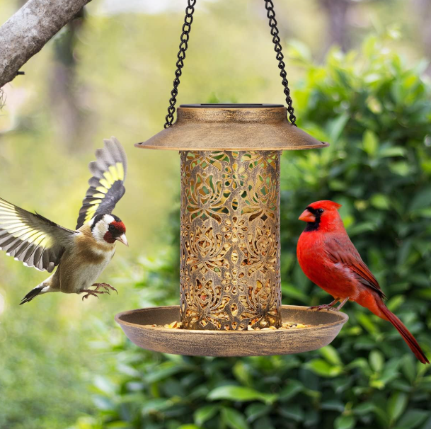 Solar Metal Hanging Bird Feeder with Lantern Design