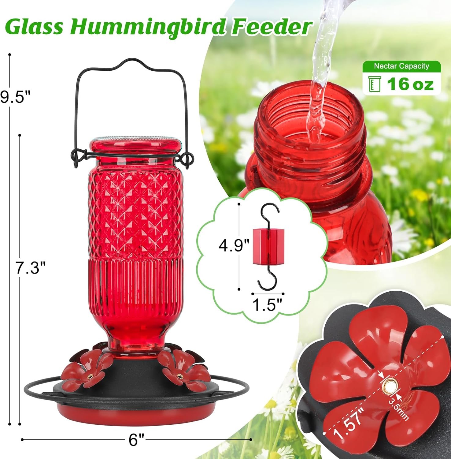 Leak Proof Glass Hummingbird Feeder with Flower Ports - Image 2