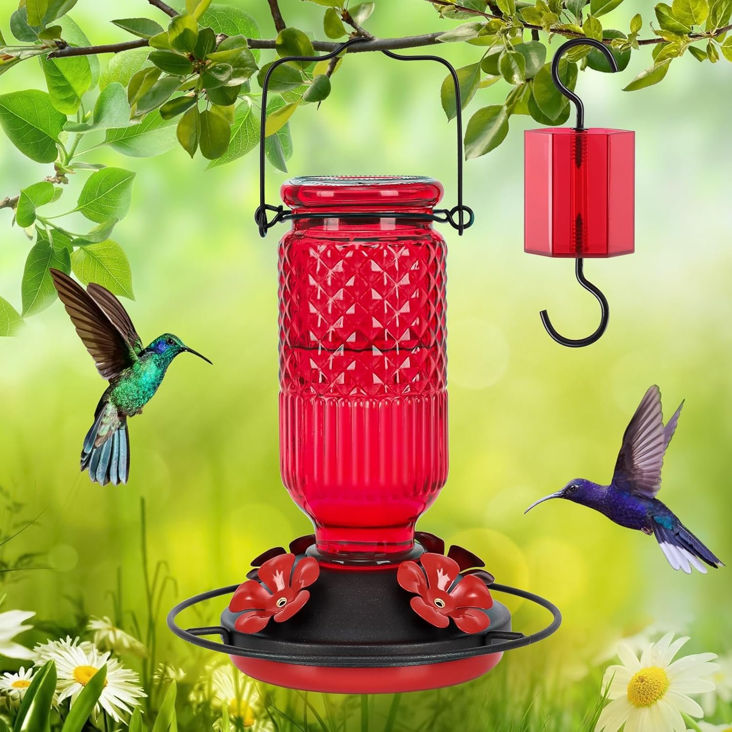 Leak Proof Glass Hummingbird Feeder with Flower Ports
